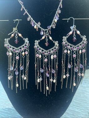 Purple/Pink/Cream Chandelier Rhinestones & Chains Necklace/Earrings Set